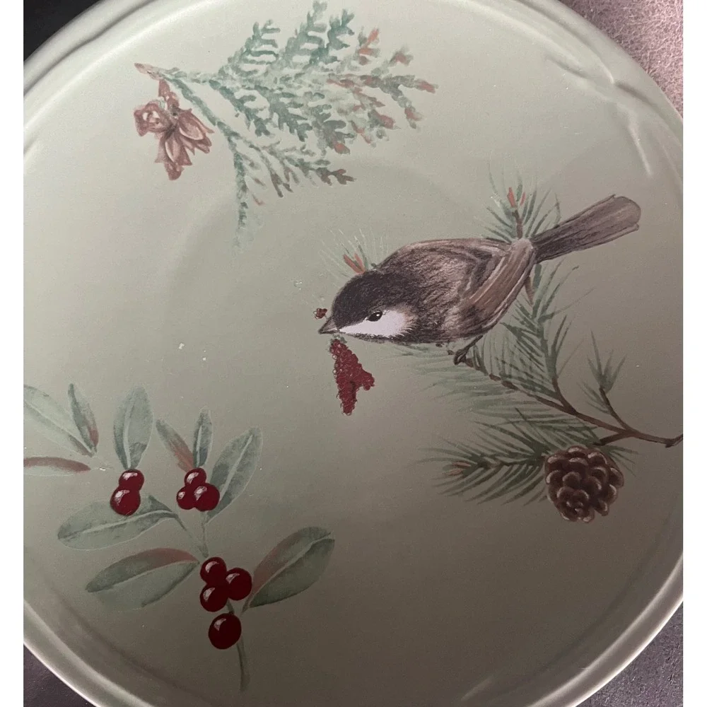 Pfaltzgraff Winterwood Chickadee Salad Plate Sage Green Winter Bird Pinecone